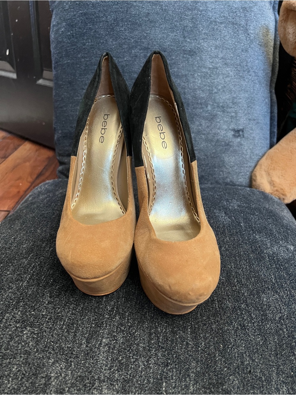 bebe Two-Tone Tan and Black Suede Platform Pumps